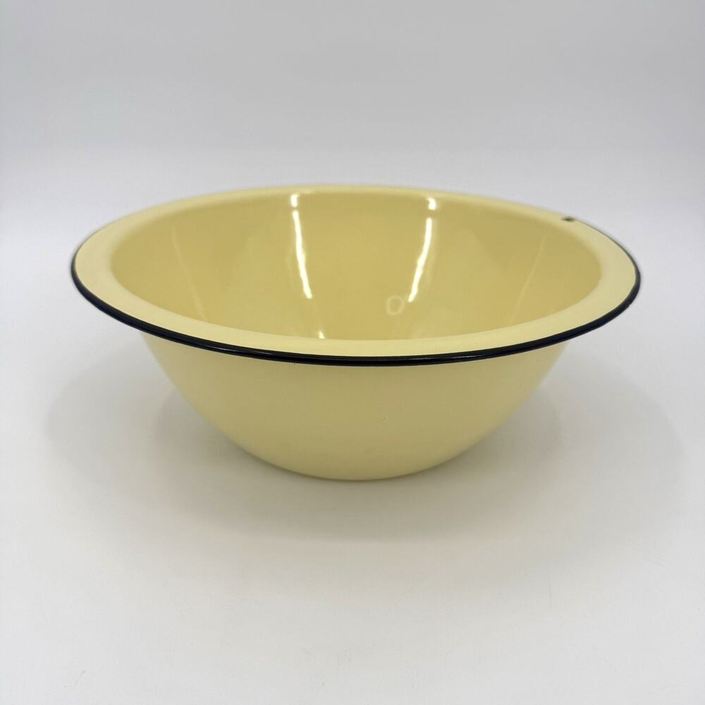 Yellow Vintage Enamelware Wash Basin Bowl Black Rim Farmhouse 12 inch Vintage
